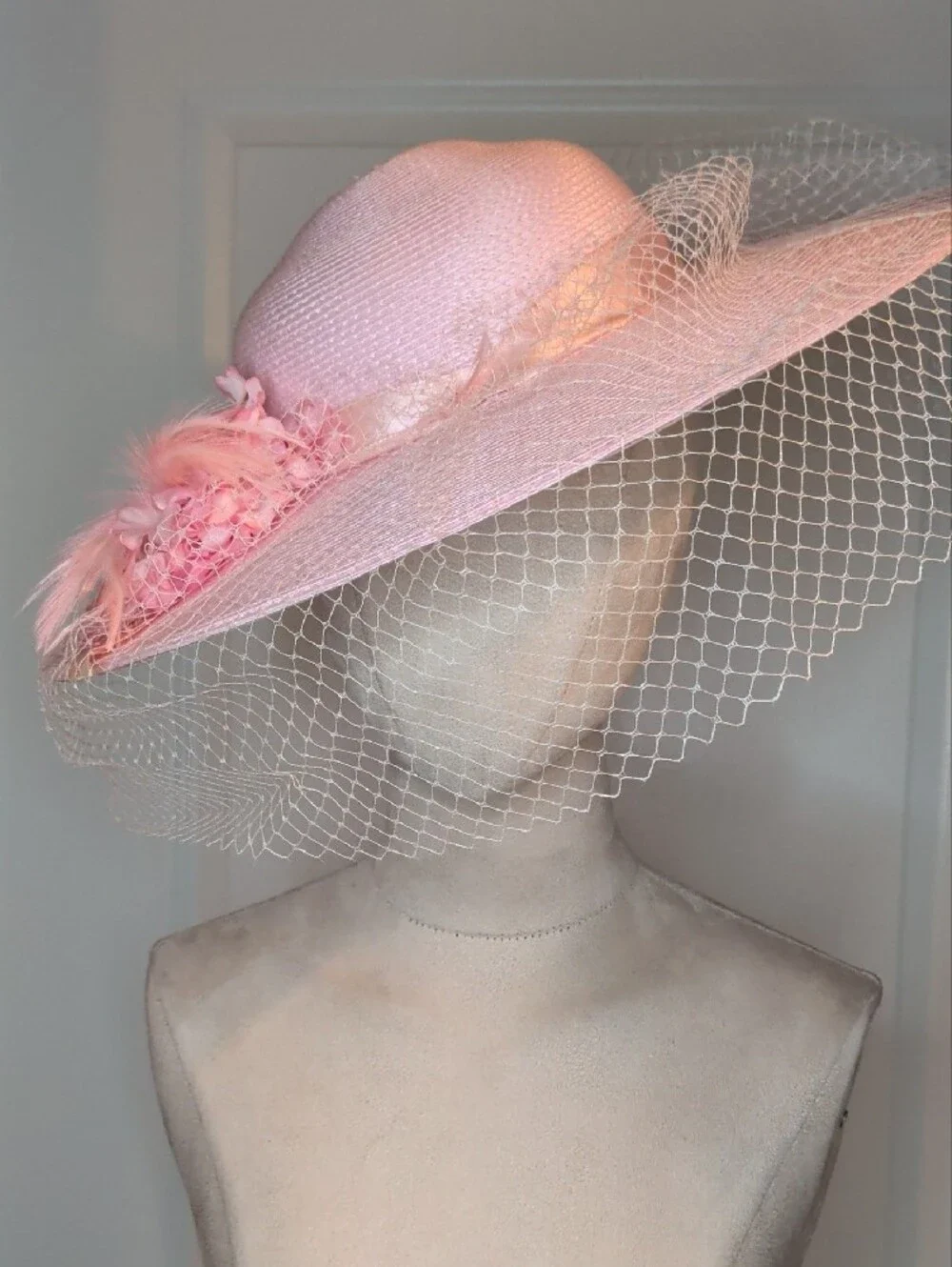 Vintage Pink Wide-Brim Picture Hat with Veil and Floral Trim Pastel Wedding